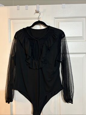 Black Ruffle Mesh Sleeve Women's Bodysuit
